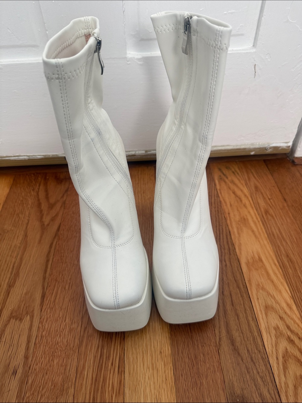 Amazon White Platform Mid-Calf Square-Toe Boots